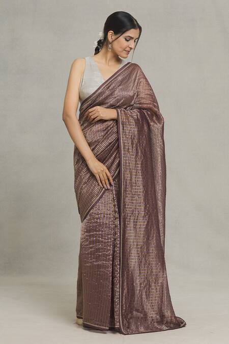 Pranay Baidya Maroon Chanderi Embroidery Stripe Woven Saree at Aza Fashions Pranay Baidya_Maroon Chanderi Embroidery Stripe Woven Saree _at_Aza_Fashions