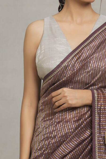Pranay Baidya Maroon Chanderi Embroidery Stripe Woven Saree Online at Aza Fashions Pranay Baidya_Maroon Chanderi Embroidery Stripe Woven Saree _Online_at_Aza_Fashions