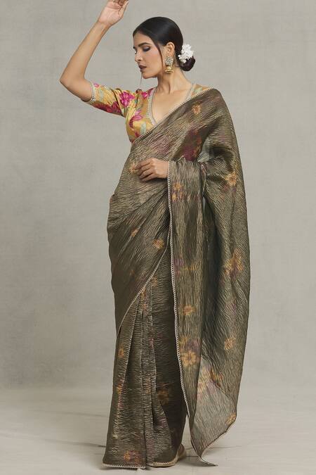 Pranay Baidya Green Tissue Floral Placement Print Saree Online at Aza Fashions Pranay Baidya_Green Tissue Floral Placement Print Saree_Online_at_Aza_Fashions