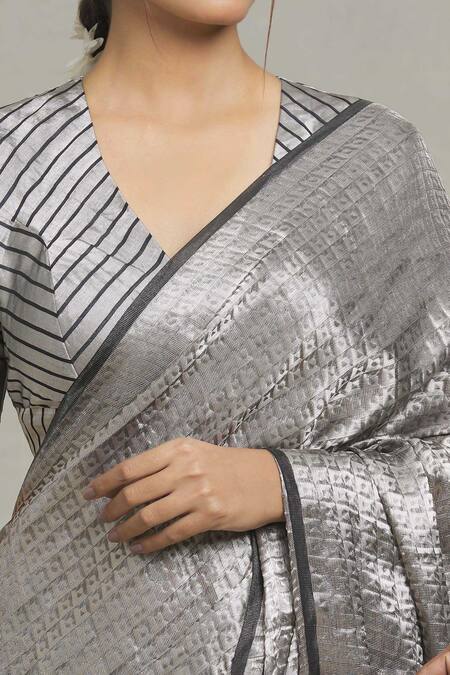 Pranay Baidya_Silver Brocade Checkered Woven Saree _at_Aza_Fashions