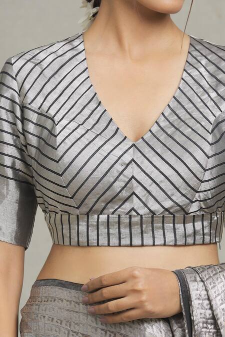 Pranay Baidya_Silver Tissue V-neck Stripe Pattern Metallic Blouse_at_Aza_Fashions