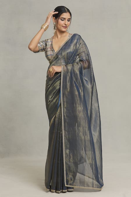 Pranay Baidya_Blue Tissue Thin Stripe Woven Saree _Online_at_Aza_Fashions