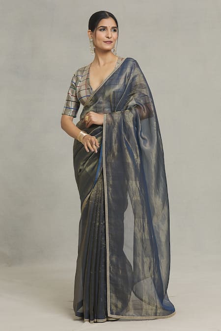 Buy_Pranay Baidya_Blue Tissue Thin Stripe Woven Saree _Online_at_Aza_Fashions