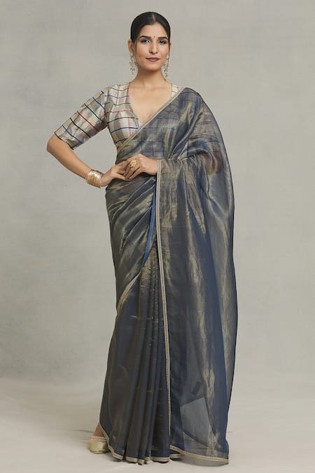 Shop_Pranay Baidya_Blue Tissue Thin Stripe Woven Saree _Online_at_Aza_Fashions