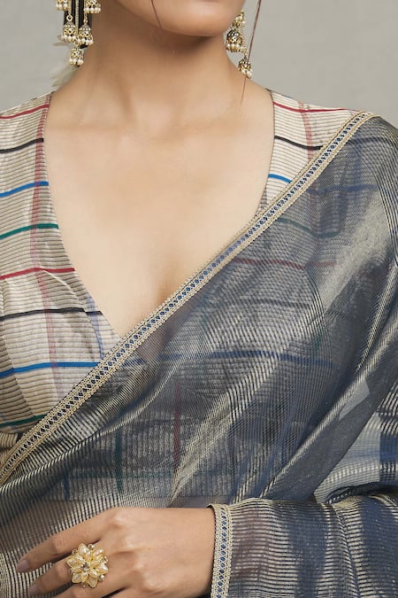 Pranay Baidya_Blue Tissue Thin Stripe Woven Saree _at_Aza_Fashions