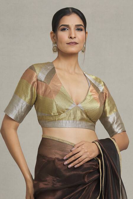 Shop Pranay Baidya Multi Color Tissue, Brocade V-neck Striped Blouse Online at Aza Fashions Shop_Pranay Baidya_Multi Color Tissue, Brocade V-neck Striped Blouse _Online_at_Aza_Fashions