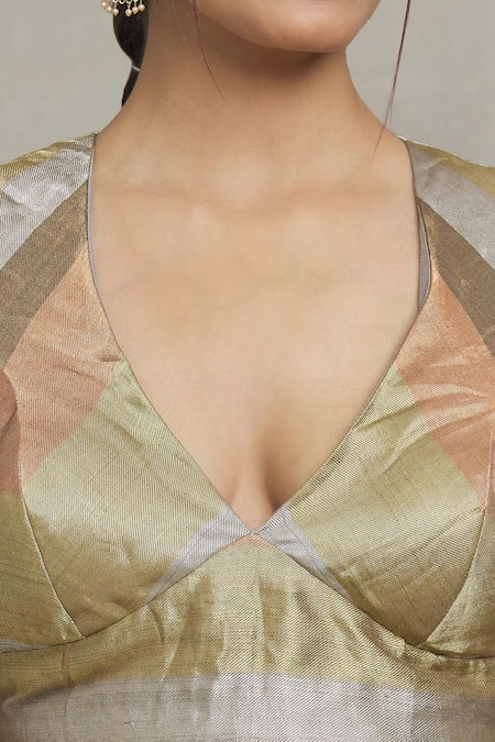 Pranay Baidya Multi Color Tissue, Brocade V-neck Striped Blouse at Aza Fashions Pranay Baidya_Multi Color Tissue, Brocade V-neck Striped Blouse _at_Aza_Fashions
