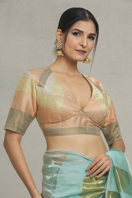 Shop Pranay Baidya Multi Color Tissue, Brocade V-neck Woven Striped Blouse Online at Aza Fashions Shop_Pranay Baidya_Multi Color Tissue, Brocade V-neck Woven Striped Blouse _Online_at_Aza_Fashions