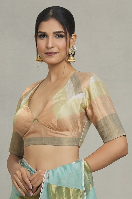 Pranay Baidya Multi Color Tissue, Brocade V-neck Woven Striped Blouse at Aza Fashions Pranay Baidya_Multi Color Tissue, Brocade V-neck Woven Striped Blouse _at_Aza_Fashions