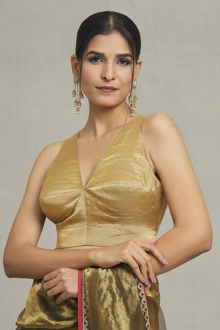 Buy Pranay Baidya Gold Tissue V-neck Princess Cut Metallic Blouse Online at Aza Fashions Buy_Pranay Baidya_Gold Tissue V-neck Princess Cut Metallic Blouse _Online_at_Aza_Fashions