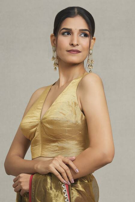 Shop Pranay Baidya Gold Tissue V-neck Princess Cut Metallic Blouse Online at Aza Fashions Shop_Pranay Baidya_Gold Tissue V-neck Princess Cut Metallic Blouse _Online_at_Aza_Fashions