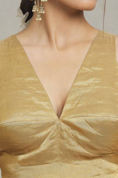 Pranay Baidya Gold Tissue V-neck Princess Cut Metallic Blouse at Aza Fashions Pranay Baidya_Gold Tissue V-neck Princess Cut Metallic Blouse _at_Aza_Fashions