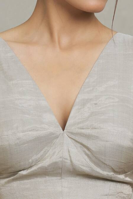 Pranay Baidya Silver Tissue V-neck Plain Metallic Blouse at Aza Fashions Pranay Baidya_Silver Tissue V-neck Plain Metallic Blouse _at_Aza_Fashions