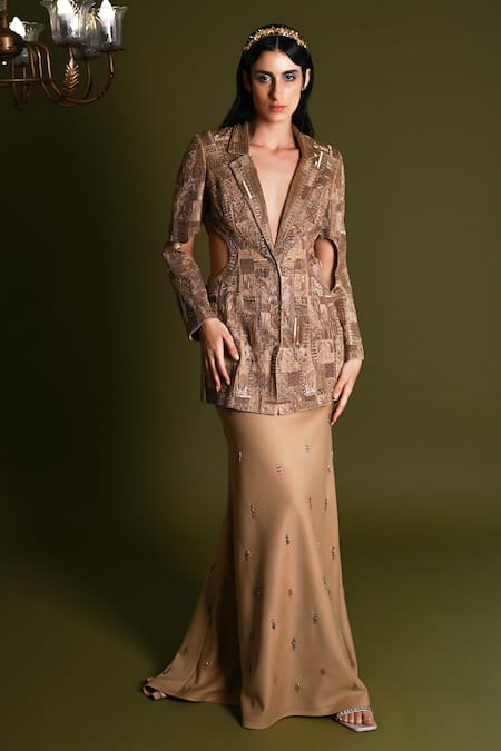Geisha Designs Gold Nylon Embroidered Thread Fariya Cut-out Blazer With Skirt 