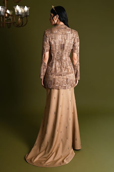 Geisha Designs Fariya Embroidered Cut-Out Blazer With Skirt 