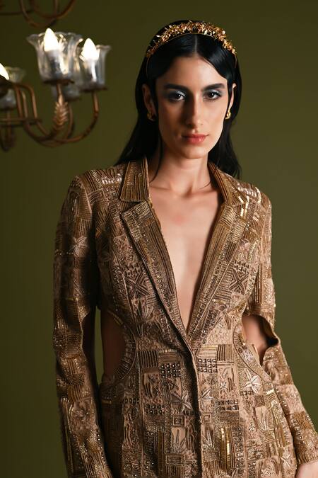 Geisha Designs Gold Nylon Embroidered Thread Fariya Cut-out Blazer With Skirt Online at Aza Fashions Geisha Designs_Gold Nylon Embroidered Thread Fariya Cut-out Blazer With Skirt _Online_at_Aza_Fashions