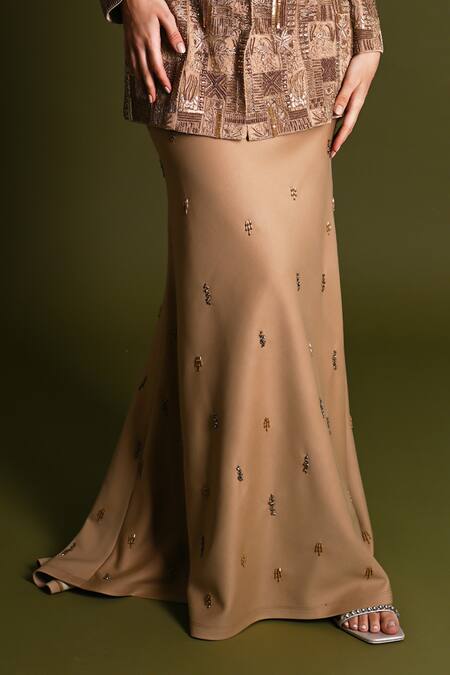 Buy Geisha Designs Gold Nylon Embroidered Thread Fariya Cut-out Blazer With Skirt Online at Aza Fashions Buy_Geisha Designs_Gold Nylon Embroidered Thread Fariya Cut-out Blazer With Skirt _Online_at_Aza_Fashions