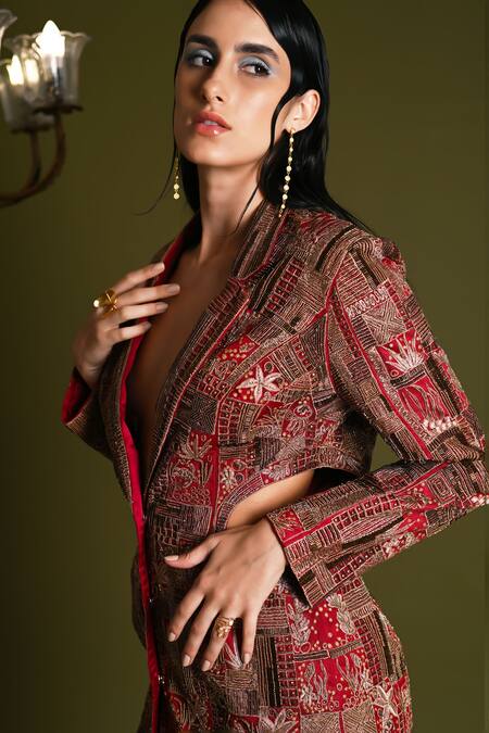 Geisha Designs_Maroon Nylon Embroidered Thread Azraa Marine Pattern Blazer With Pant  _Online_at_Aza_Fashions