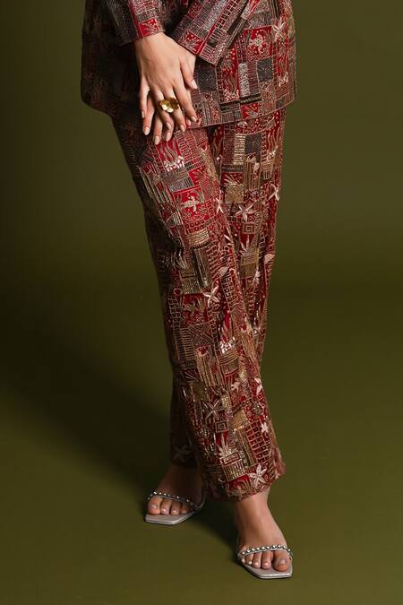 Buy_Geisha Designs_Maroon Nylon Embroidered Thread Azraa Marine Pattern Blazer With Pant  _Online_at_Aza_Fashions