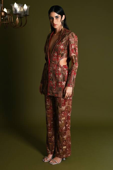 Shop_Geisha Designs_Maroon Nylon Embroidered Thread Azraa Marine Pattern Blazer With Pant  _Online_at_Aza_Fashions
