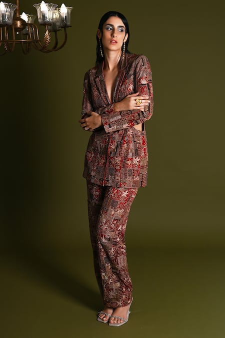 Geisha Designs_Maroon Nylon Embroidered Thread Azraa Marine Pattern Blazer With Pant  _at_Aza_Fashions