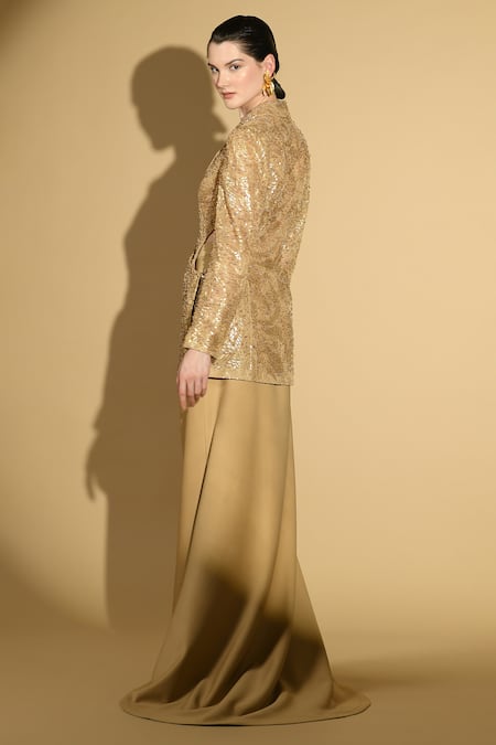 Geisha Designs Gold Embroidered Cut-Out Jacket & Skirt Set 