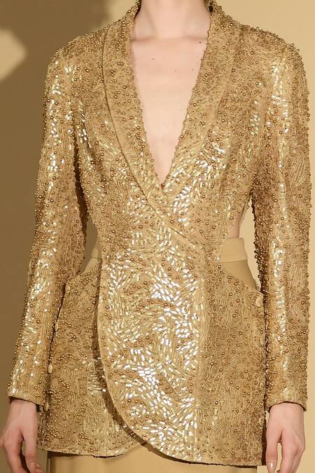 Geisha Designs Gold Nylon Embroidered Shawl Collar Cut-out Jacket And Skirt Set Online at Aza Fashions Geisha Designs_Gold Nylon Embroidered Shawl Collar Cut-out Jacket And Skirt Set _Online_at_Aza_Fashions