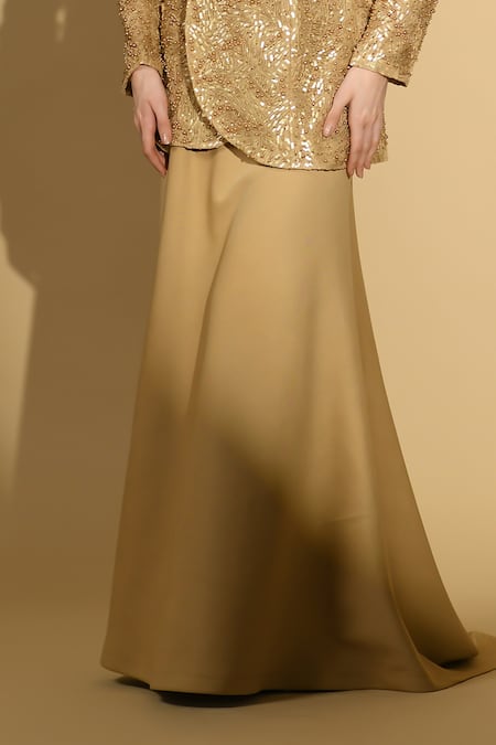 Buy Geisha Designs Gold Nylon Embroidered Shawl Collar Cut-out Jacket And Skirt Set Online at Aza Fashions Buy_Geisha Designs_Gold Nylon Embroidered Shawl Collar Cut-out Jacket And Skirt Set _Online_at_Aza_Fashions