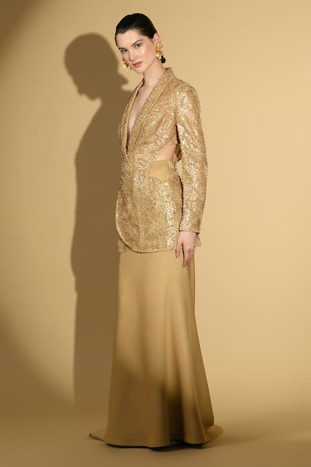 Shop Geisha Designs Gold Nylon Embroidered Shawl Collar Cut-out Jacket And Skirt Set Online at Aza Fashions Shop_Geisha Designs_Gold Nylon Embroidered Shawl Collar Cut-out Jacket And Skirt Set _Online_at_Aza_Fashions