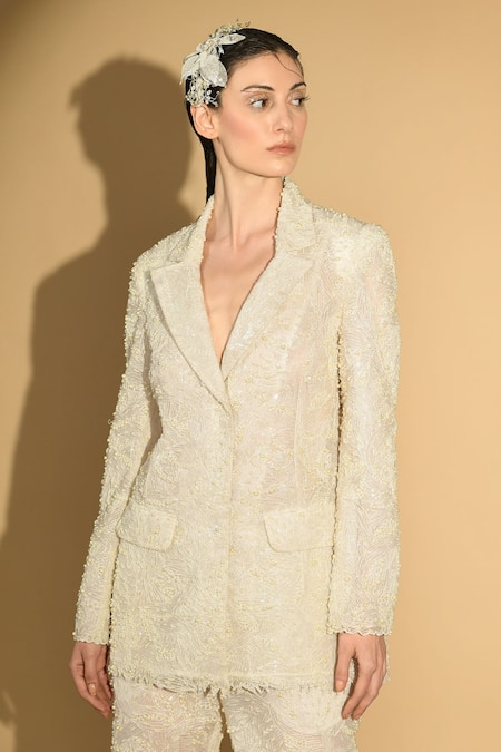 Geisha Designs_White Nylon Embroidered Pearl Lapel Collar Jacket And Culotte Pant Set _Online_at_Aza_Fashions