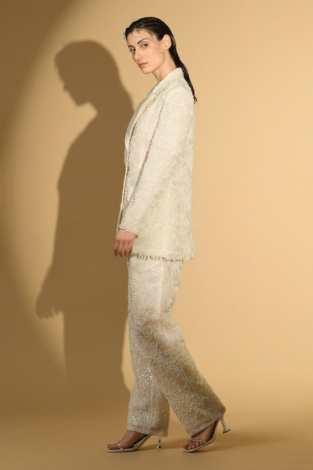 Buy_Geisha Designs_White Nylon Embroidered Pearl Lapel Collar Jacket And Culotte Pant Set _Online_at_Aza_Fashions