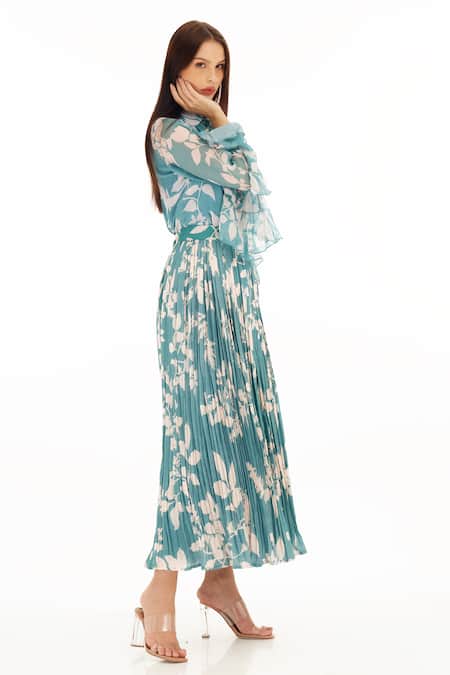 Koai_Blue Chiffon Embroidery Collared Foliage Pattern Ruffle Shirt _Online_at_Aza_Fashions