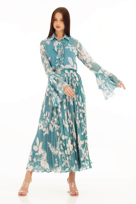 Buy_Koai_Blue Chiffon Embroidery Collared Foliage Pattern Ruffle Shirt _Online_at_Aza_Fashions