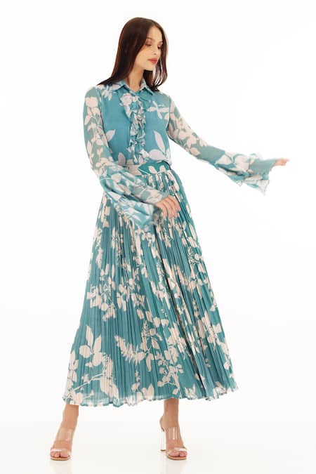 Shop_Koai_Blue Chiffon Embroidery Collared Foliage Pattern Ruffle Shirt _Online_at_Aza_Fashions