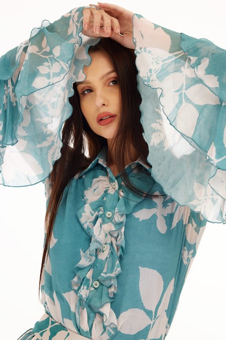 Koai_Blue Chiffon Embroidery Collared Foliage Pattern Ruffle Shirt _at_Aza_Fashions