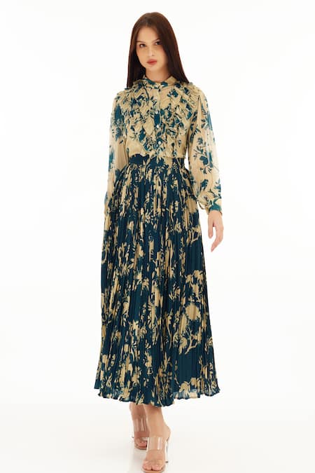 Koai_Cream Chiffon Mandarin Collar Foliage Pattern Frill Shirt _Online_at_Aza_Fashions