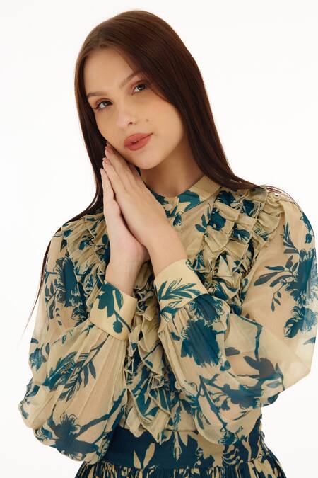 Shop_Koai_Cream Chiffon Mandarin Collar Foliage Pattern Frill Shirt _Online_at_Aza_Fashions