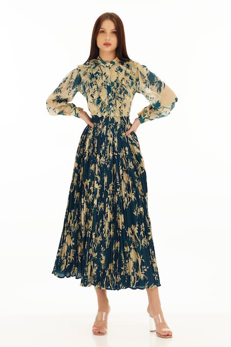 Koai_Cream Chiffon Mandarin Collar Foliage Pattern Frill Shirt _at_Aza_Fashions