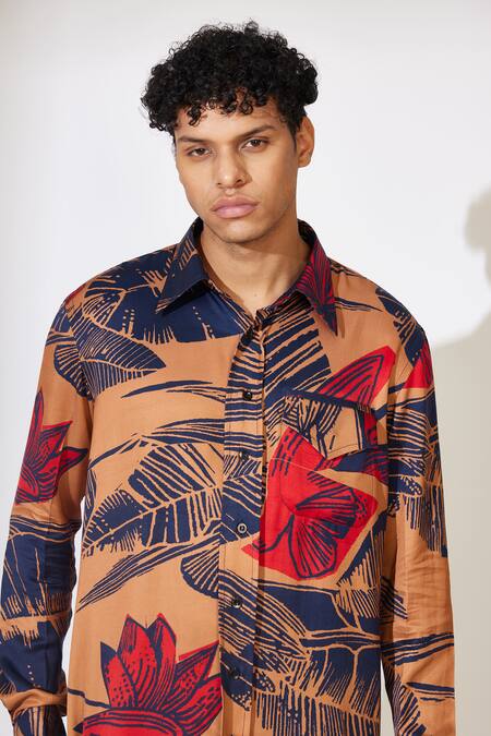Shop_Koai_Brown Muslin Floral Pattern Casual Shirt _Online_at_Aza_Fashions
