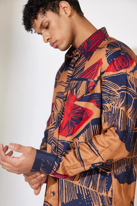 Koai_Brown Muslin Floral Pattern Casual Shirt _at_Aza_Fashions