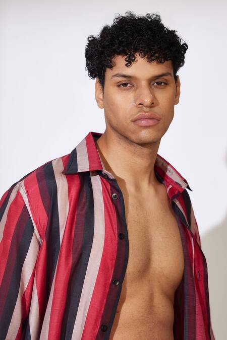 Shop_Koai_Red Cotton, Silk Striped Shirt _Online_at_Aza_Fashions