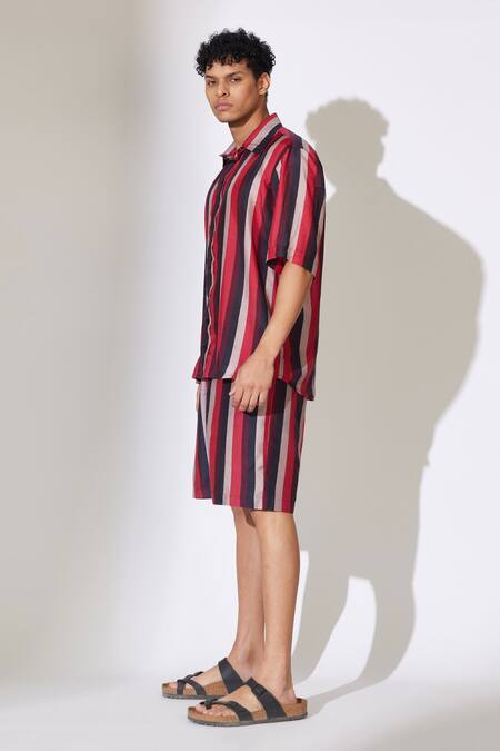 Koai_Red Cotton, Silk Striped Shirt _at_Aza_Fashions
