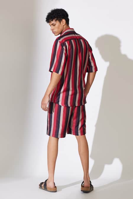 Buy_Koai_Red Cotton, Silk Striped Shorts _Online_at_Aza_Fashions