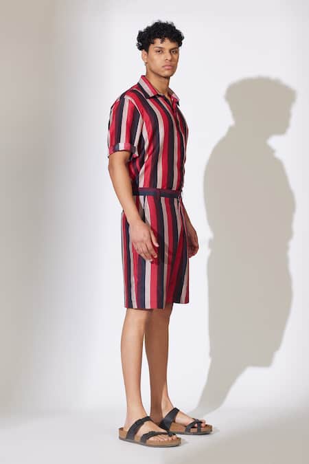 Shop_Koai_Red Cotton, Silk Striped Shorts _Online_at_Aza_Fashions