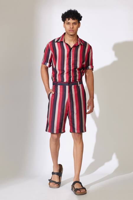 Koai_Red Cotton, Silk Striped Shorts _at_Aza_Fashions