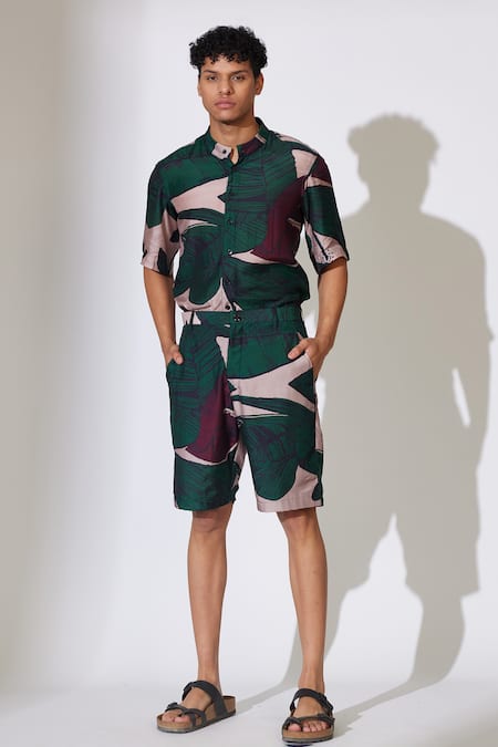 Koai_Green Cotton, Silk Leaf Pattern Button Down Shirt _Online_at_Aza_Fashions