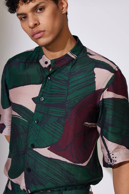 Buy_Koai_Green Cotton, Silk Leaf Pattern Button Down Shirt _Online_at_Aza_Fashions