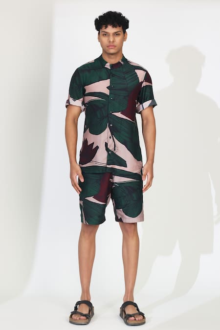 Koai_Green Cotton, Silk Leaf Pattern Button Down Shirt _at_Aza_Fashions