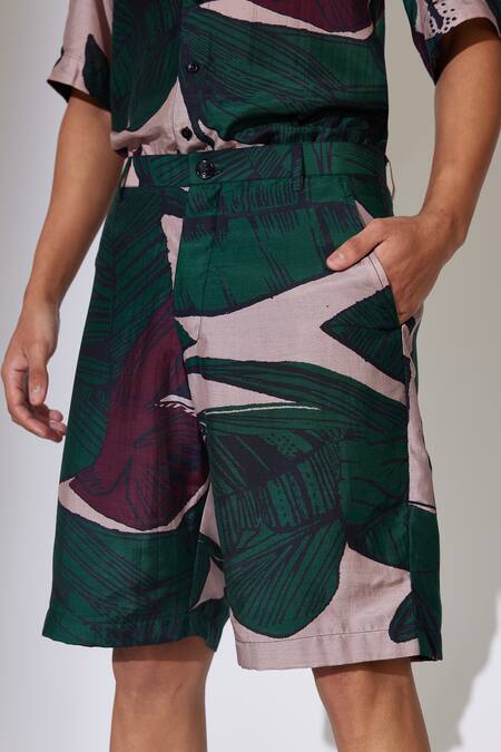 Koai Green Cotton, Silk Leaf Pattern Shorts Online at Aza Fashions Koai_Green Cotton, Silk Leaf Pattern Shorts _Online_at_Aza_Fashions