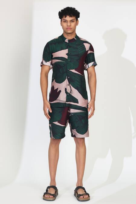 Shop Koai Green Cotton, Silk Leaf Pattern Shorts Online at Aza Fashions Shop_Koai_Green Cotton, Silk Leaf Pattern Shorts _Online_at_Aza_Fashions